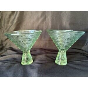Unmarked Set of 2 Green Textured Glass Martini Glasses 5in Diameter